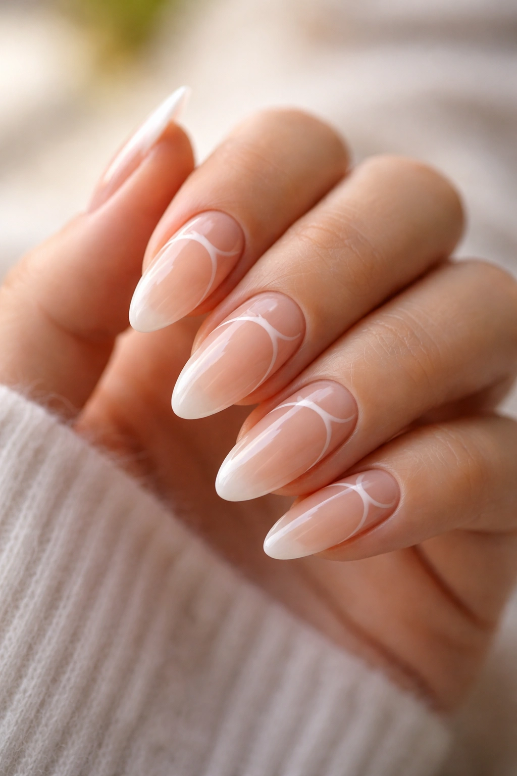 Almond nails featuring negative space design on nude base