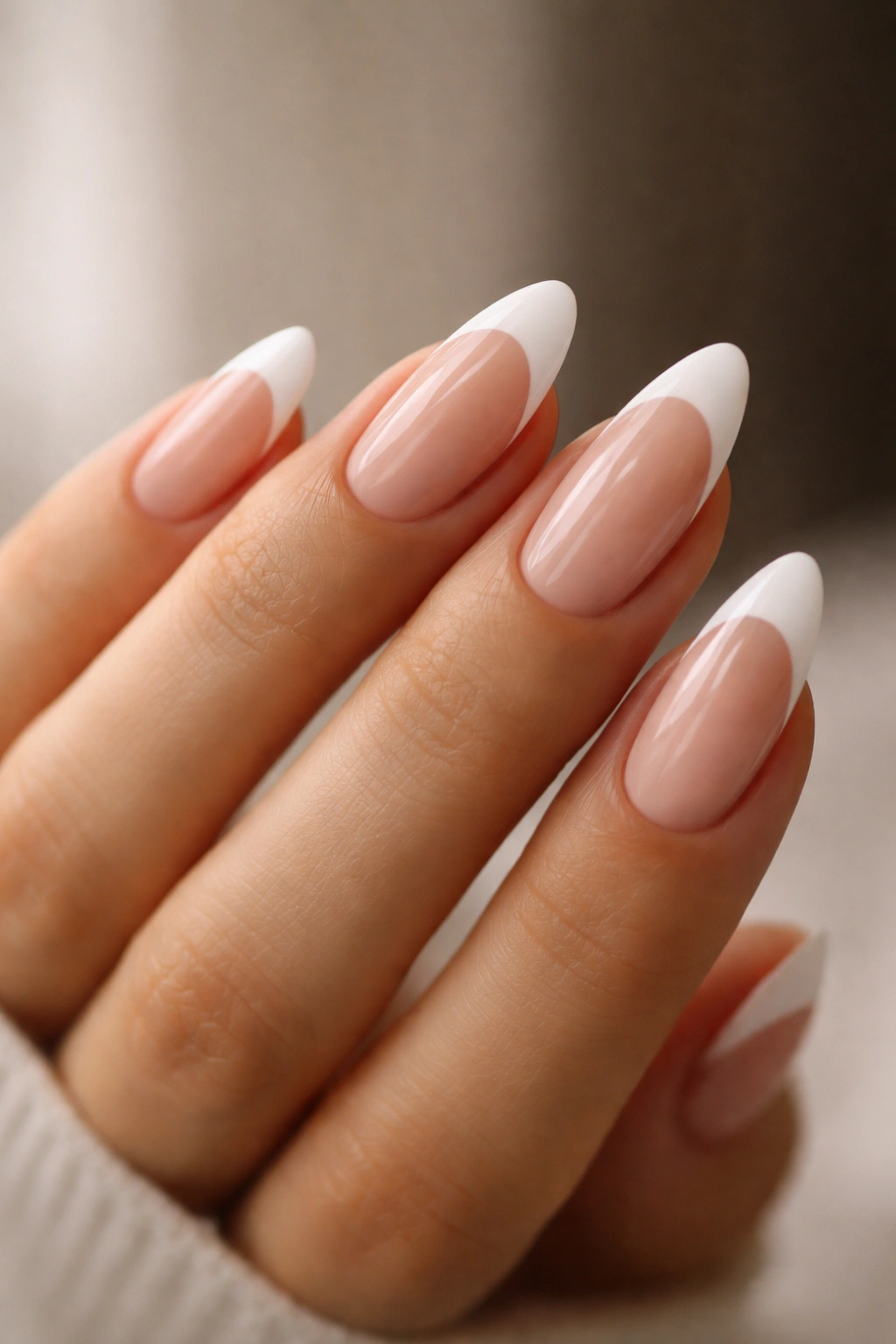Almond nails with white tips and nude negative space