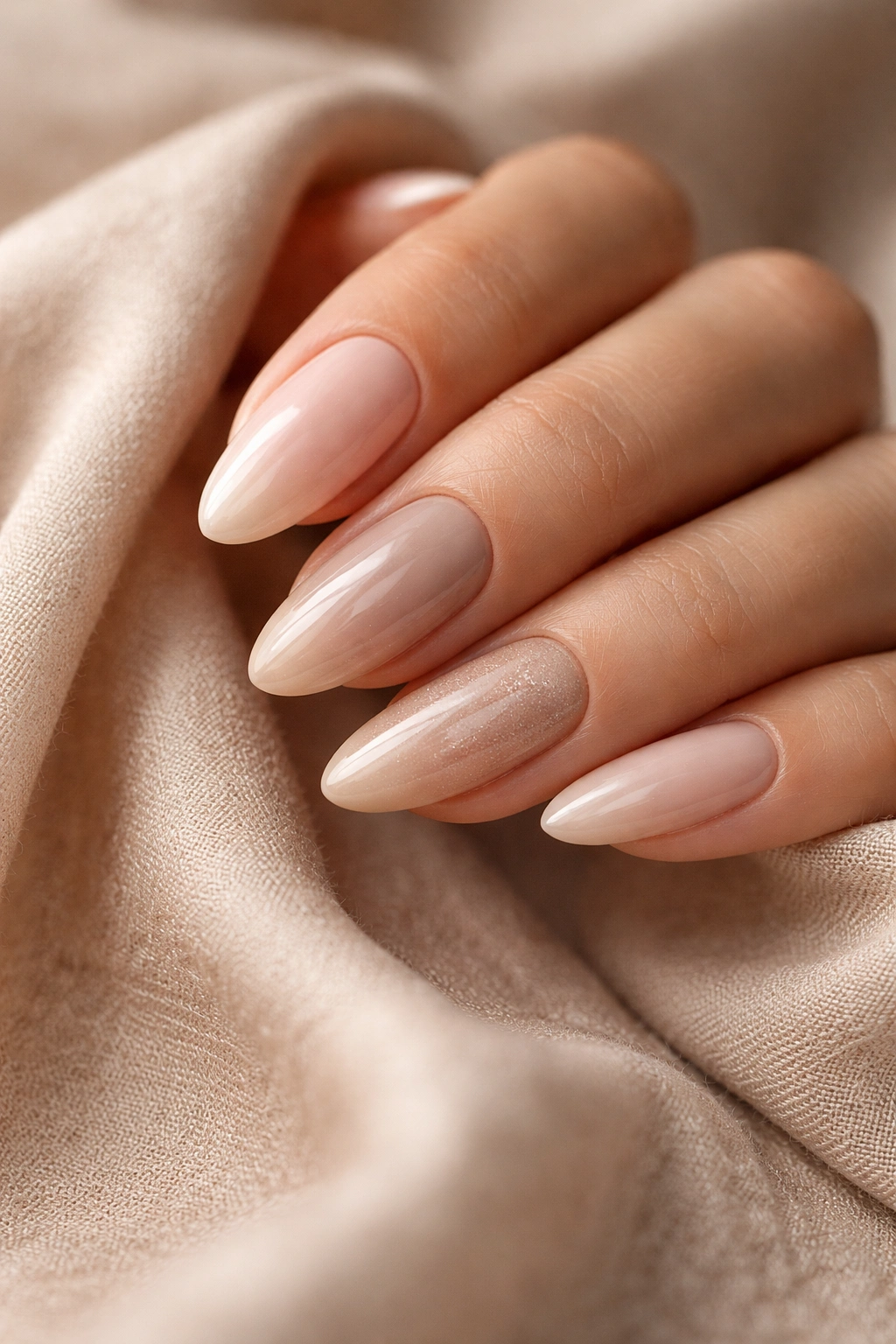 Close-up of almond nails with a clean neutral mix of related shades
