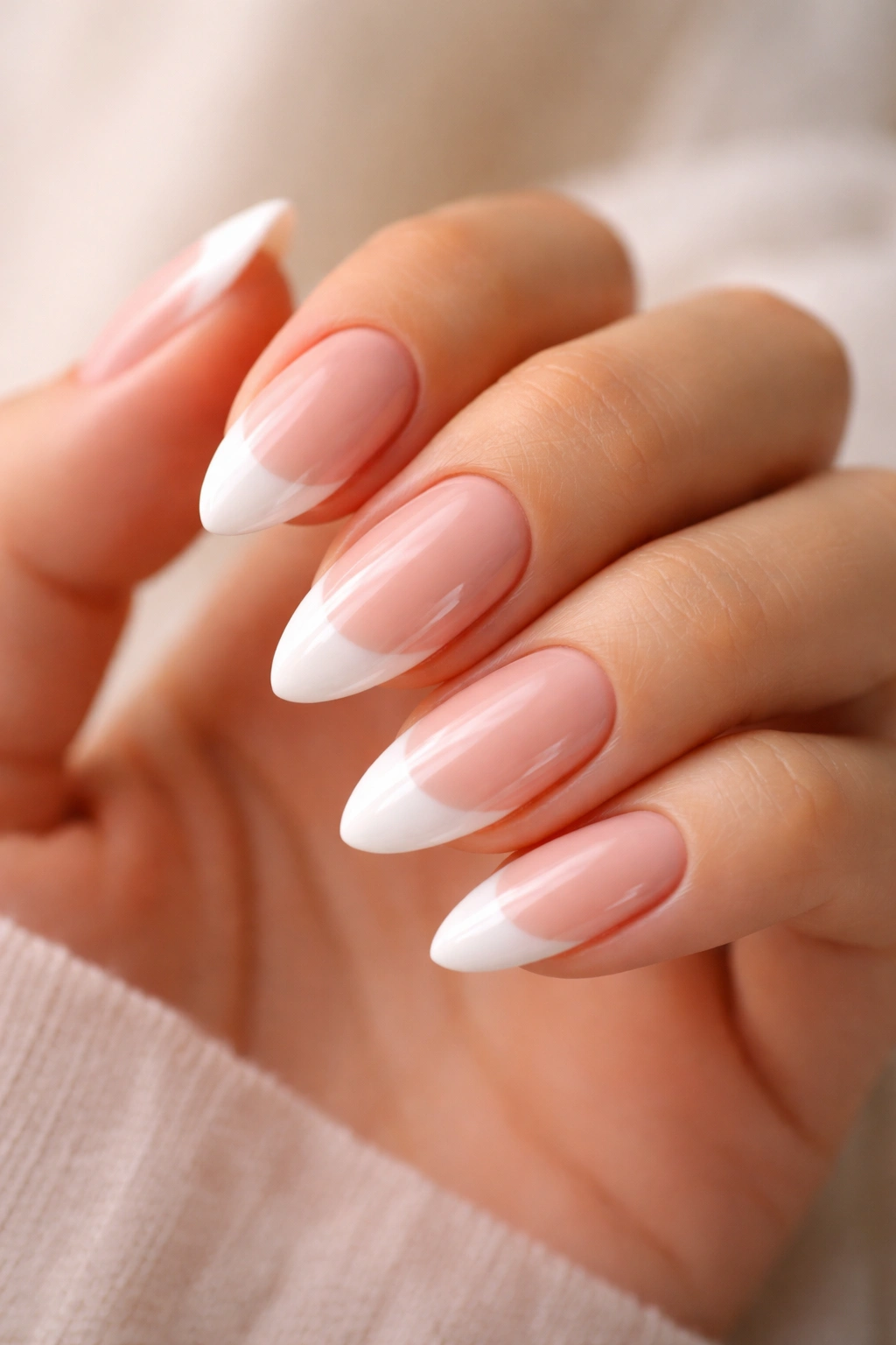 Almond nails with nude-to-white ombre fade and white tips
