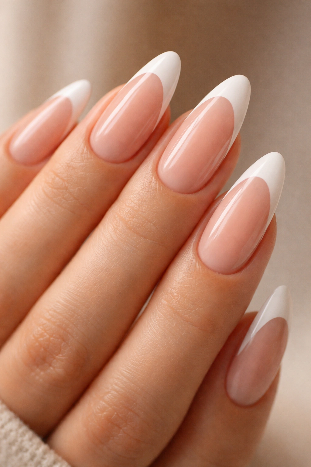 Close-up of long almond nails with nude pink base and white tips