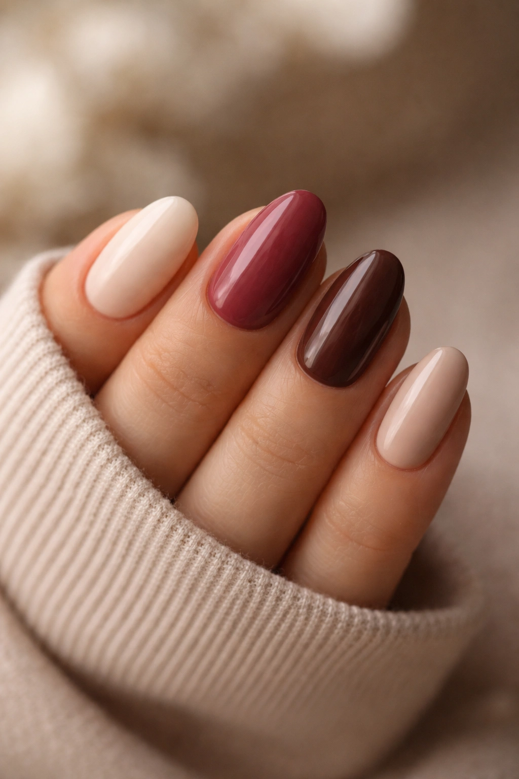 Close-up of short almond nails painted in nude, pink, berry, brown, and creamy white shades.