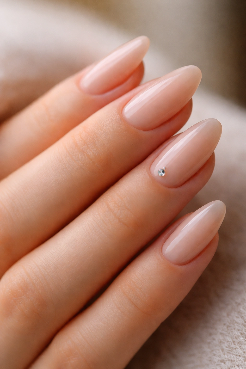 Nude short almond nails with a single tiny rhinestone near the cuticle