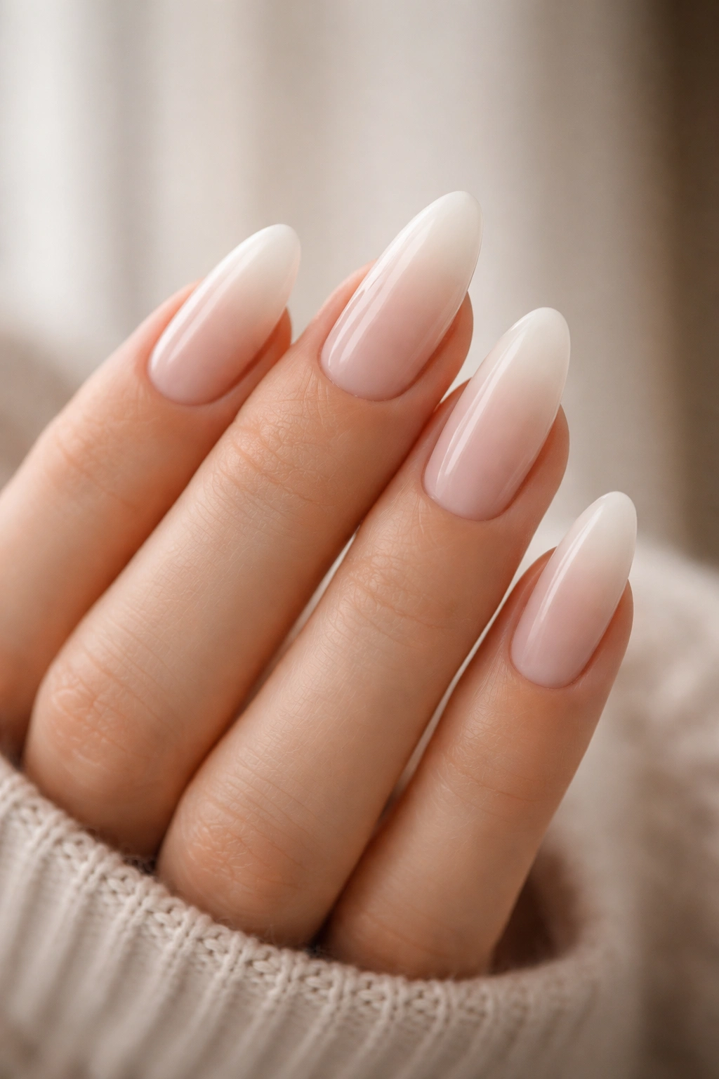 Almond nails with a soft ombré fade from pink to milky white