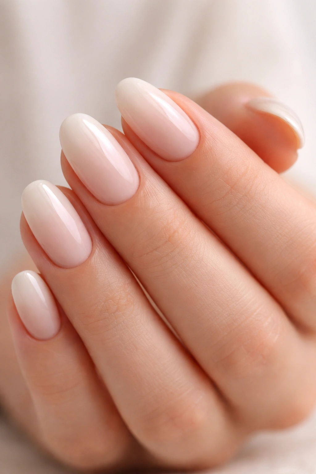 Close-up of short almond nails in a seamless nude-to-off-white ombre