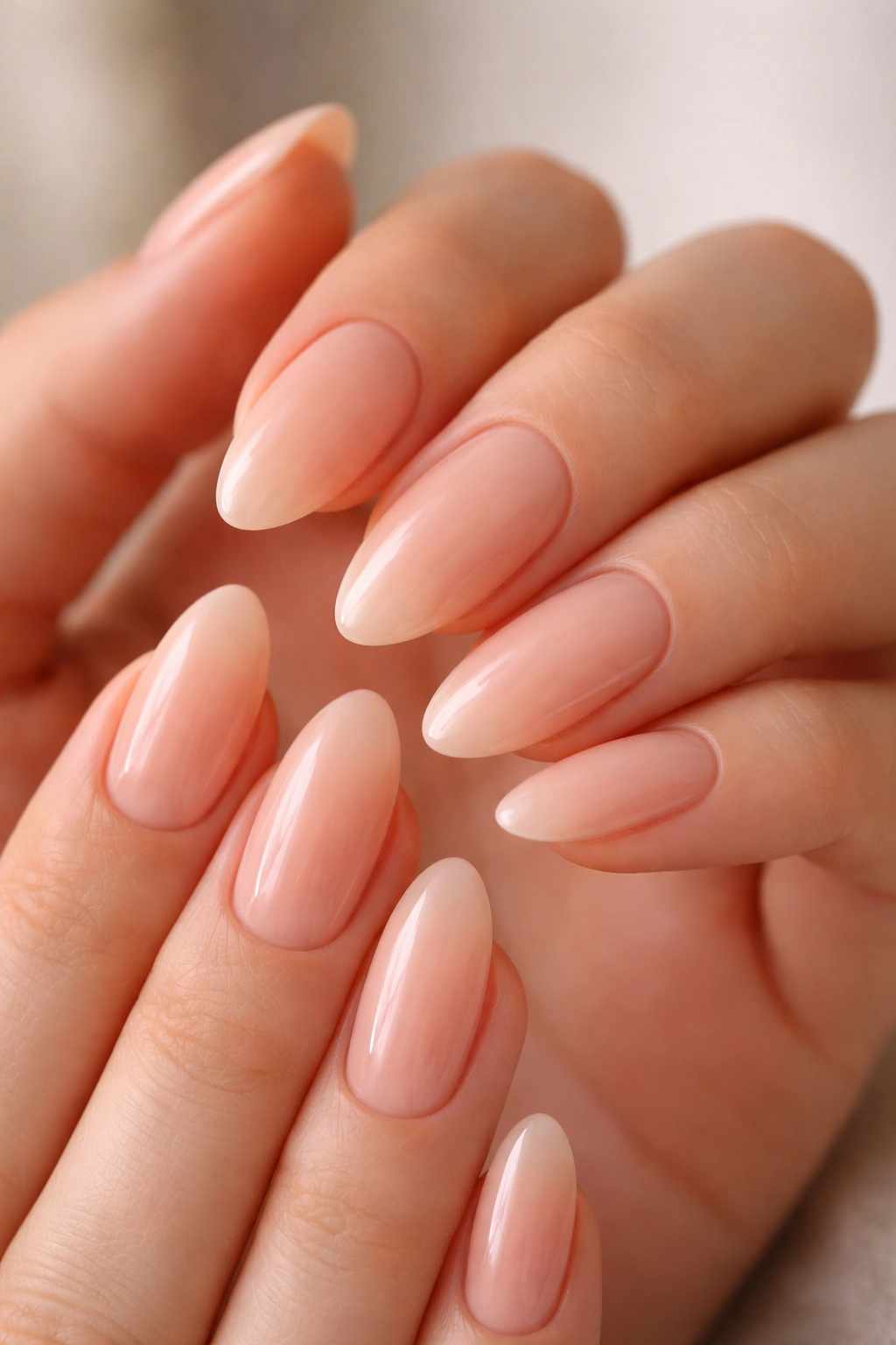 Almond nails in pale peach with sheer warm tint and glossy finish