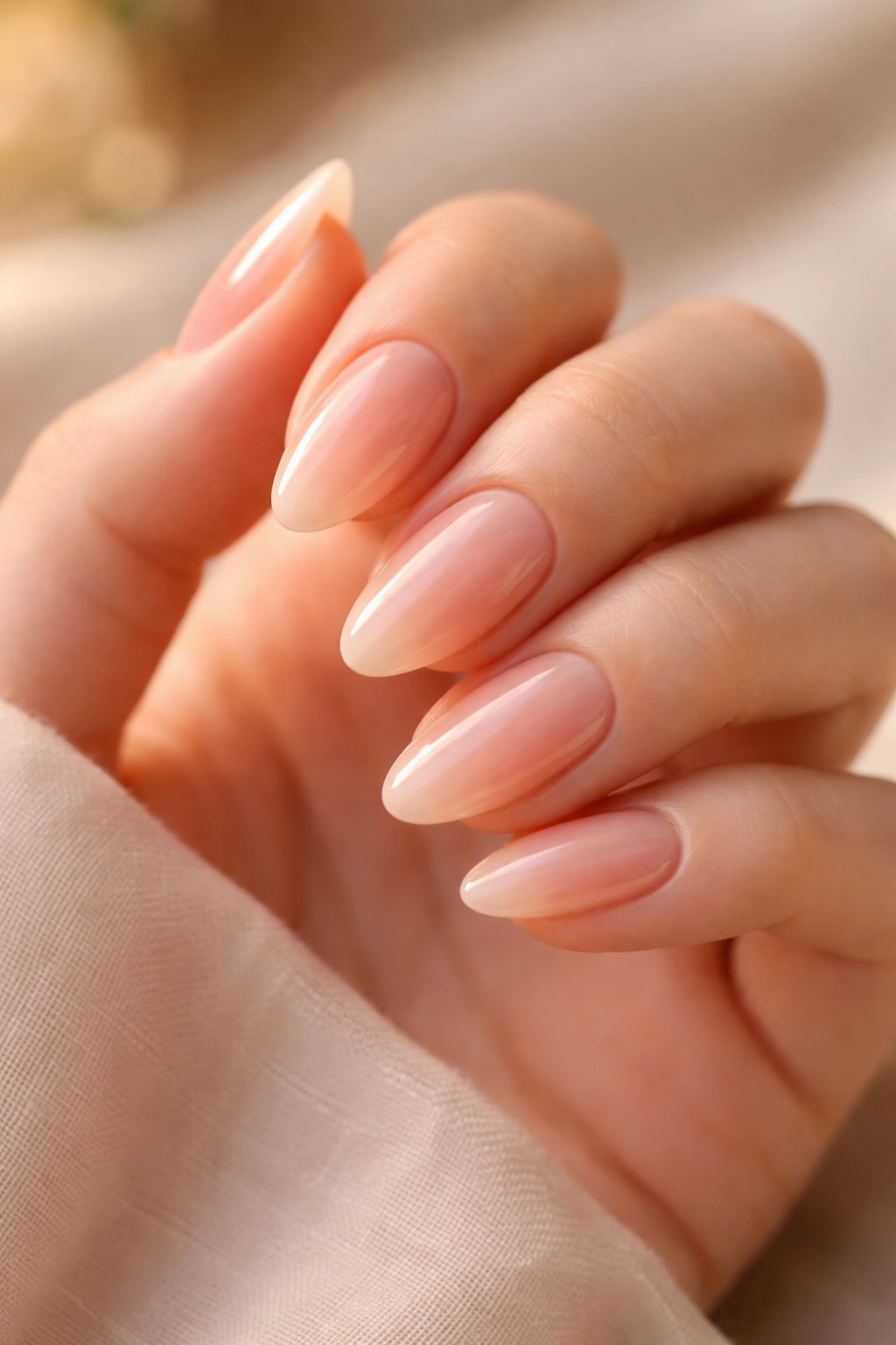 Close-up sheer peach almond nails with warm glow