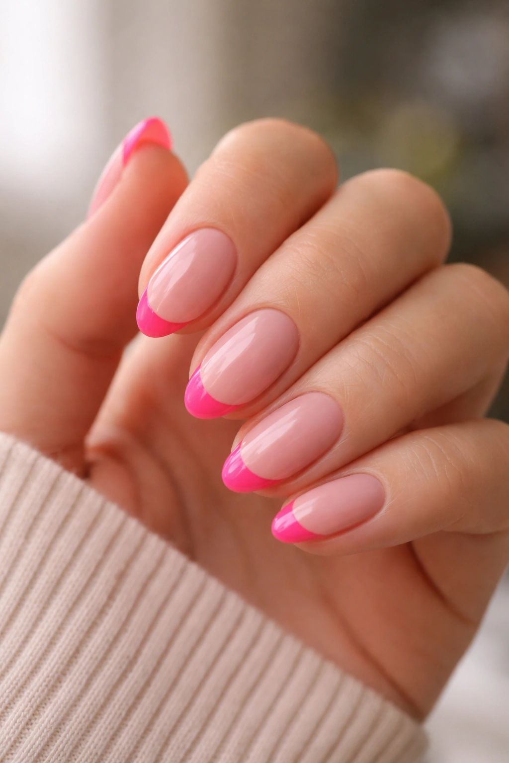 Close-up of short almond nails with hot pink French tips on a neutral background