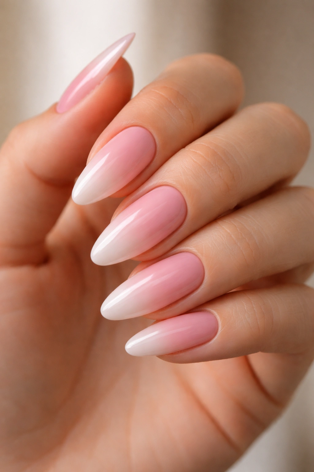Close-up of almond-shaped nails with a pink ombre gradient