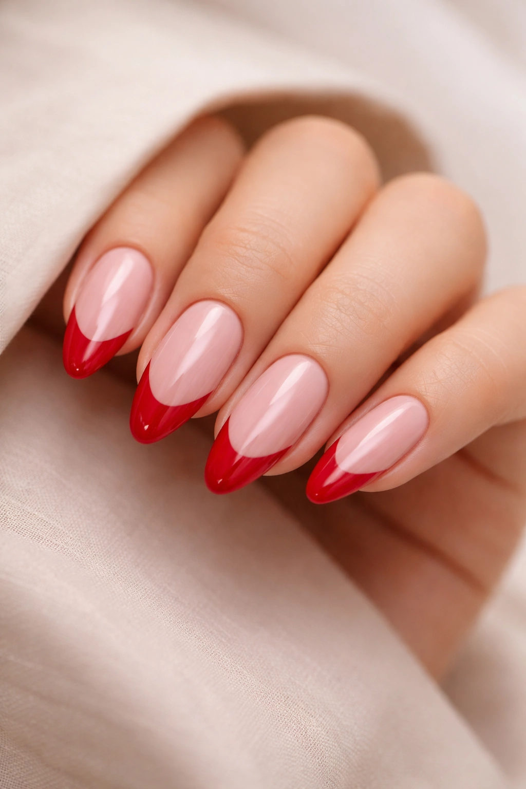 Close-up of almond-shaped nails with milky pink base and glossy red tips