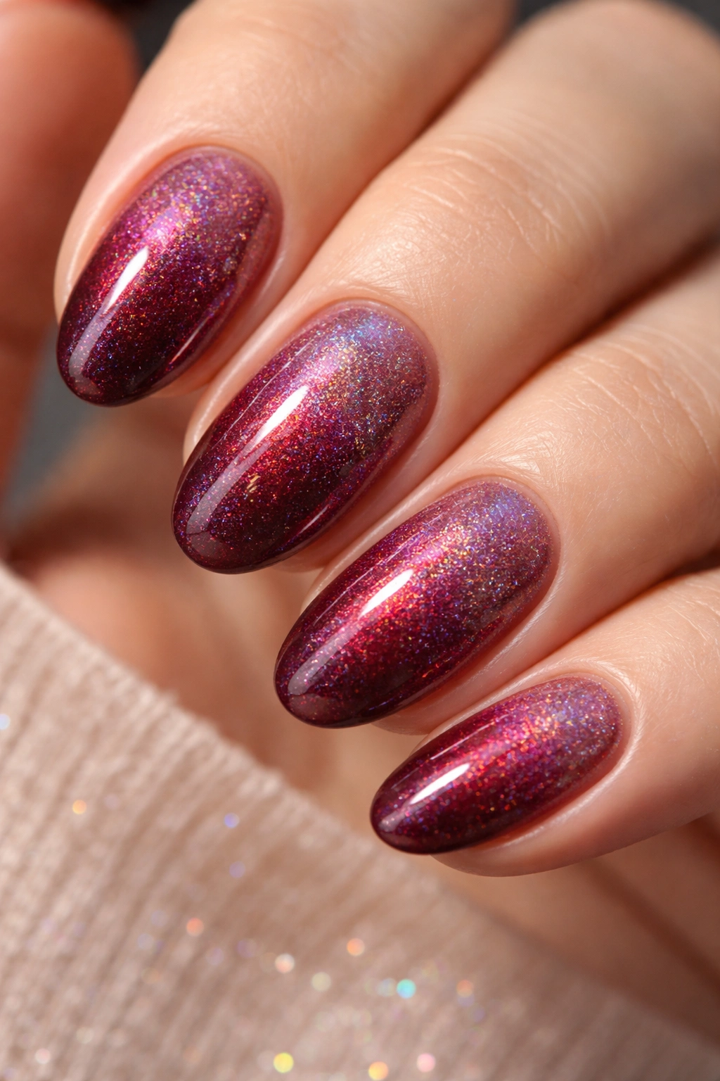 Short almond nails with plum-red gradient and subtle holographic shimmer