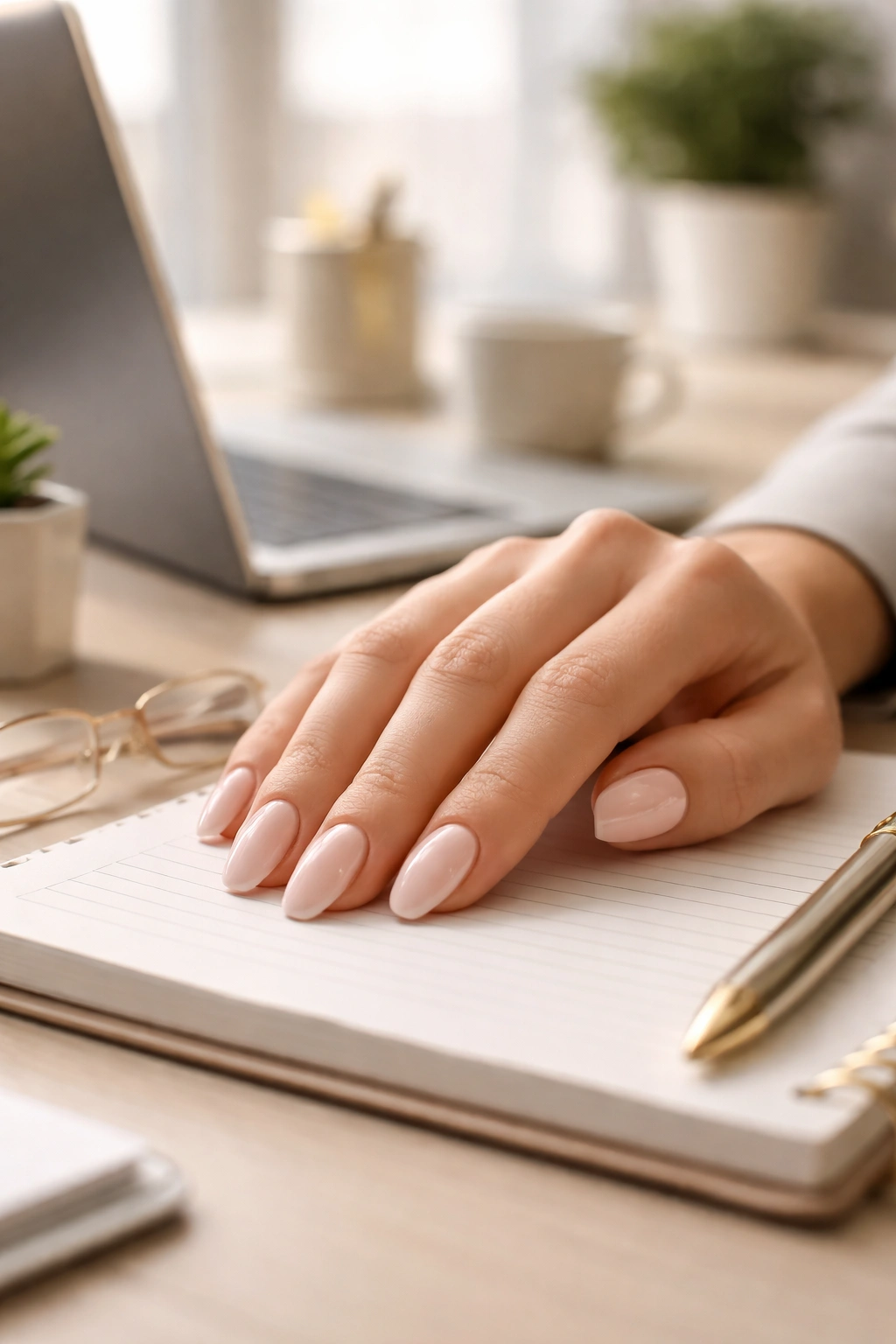 Close-up of a hand with almond-shaped nails in a professional manicure on an office desk