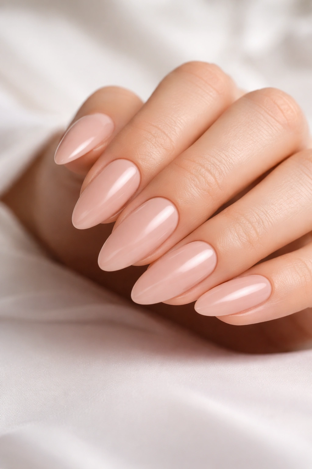 Close-up of almond-shaped nude manicure on hand