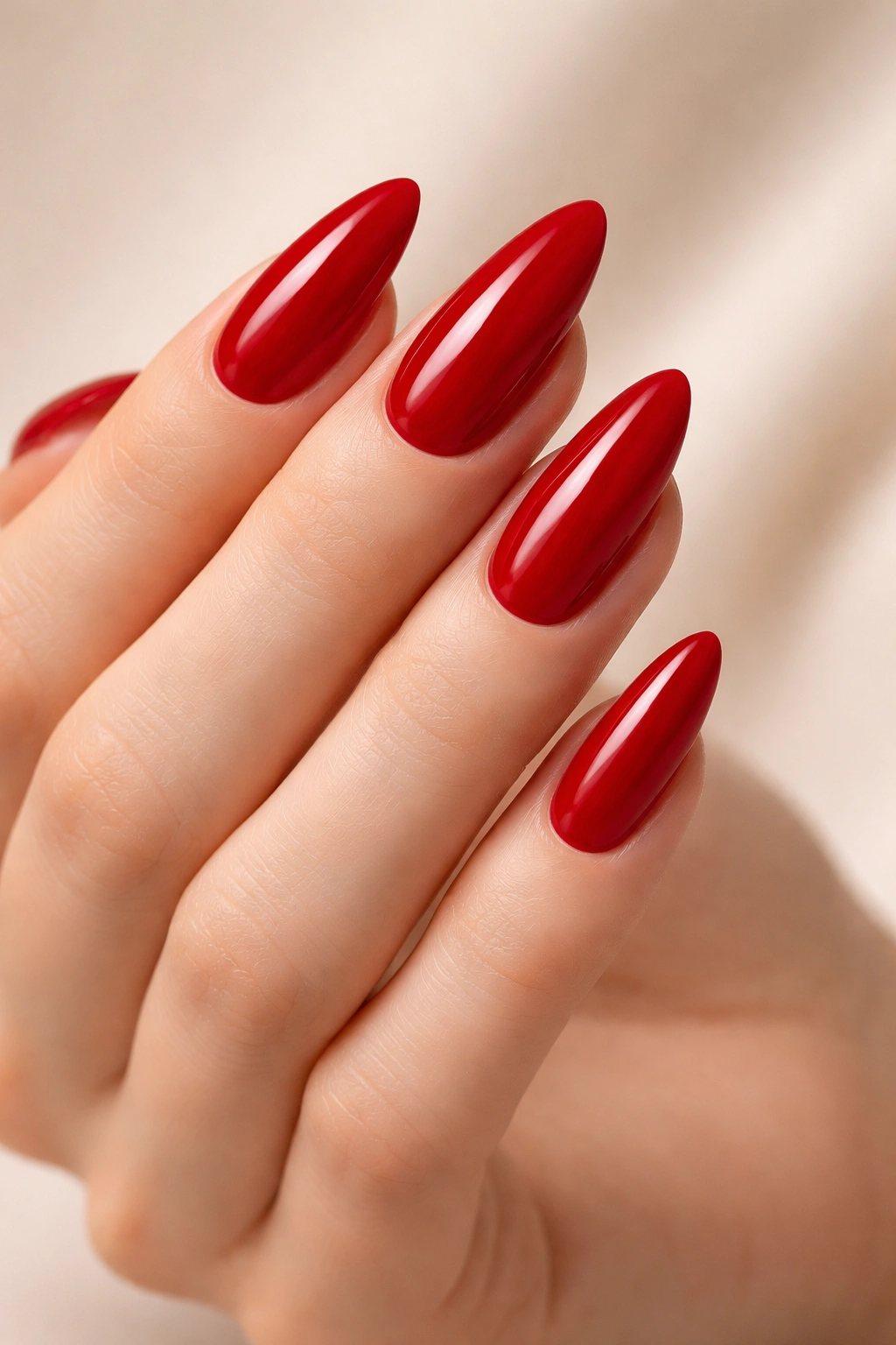 Close-up of almond-shaped nails painted red on long slender fingers