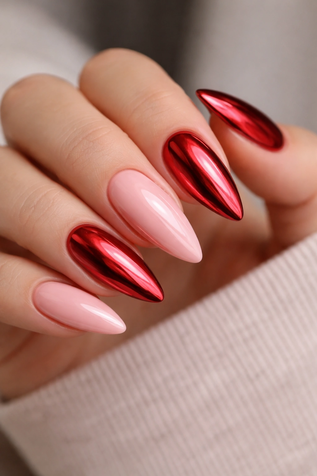 Almond nails with red chrome on some nails and blush pink accents