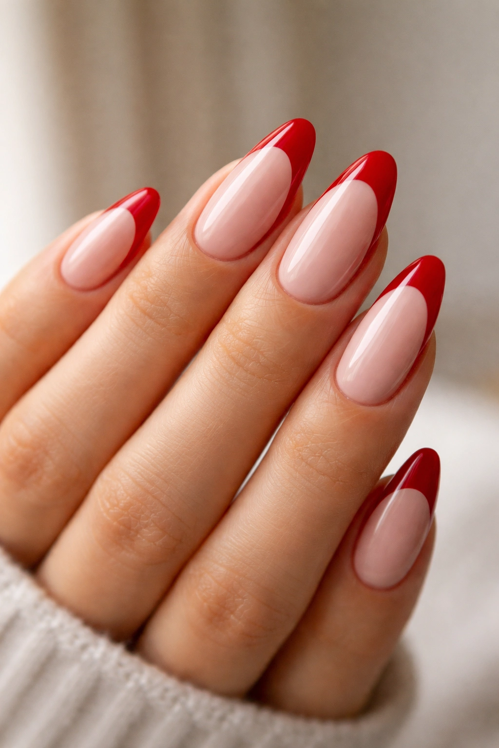 Close-up of red French tip almond nails