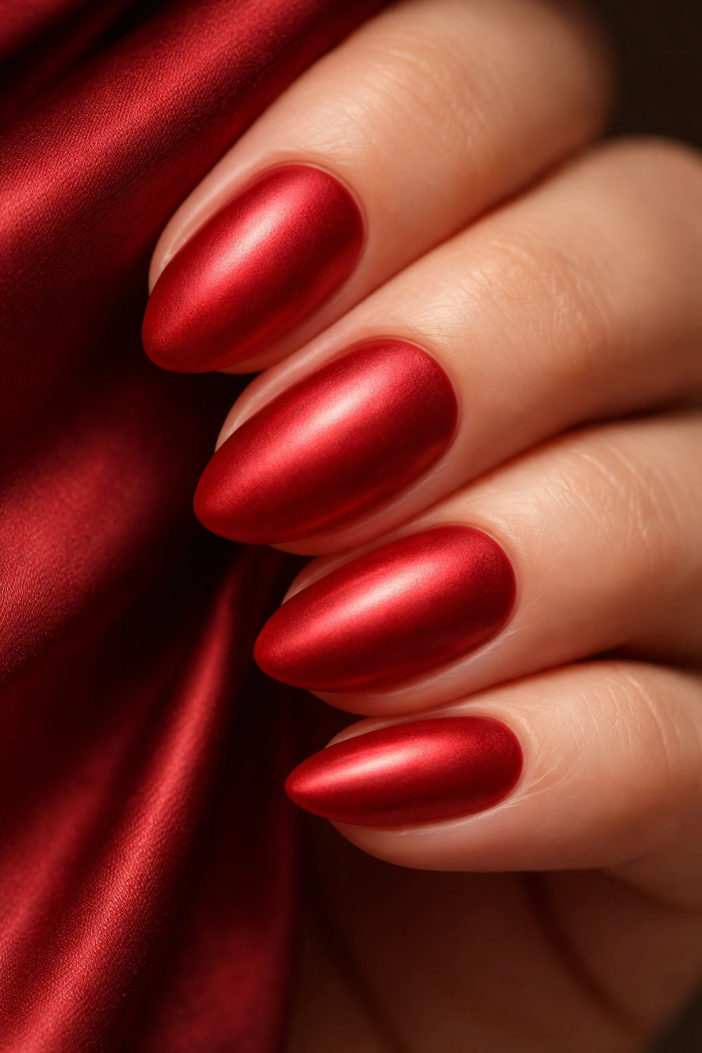 Short almond nails with a rich red satin finish