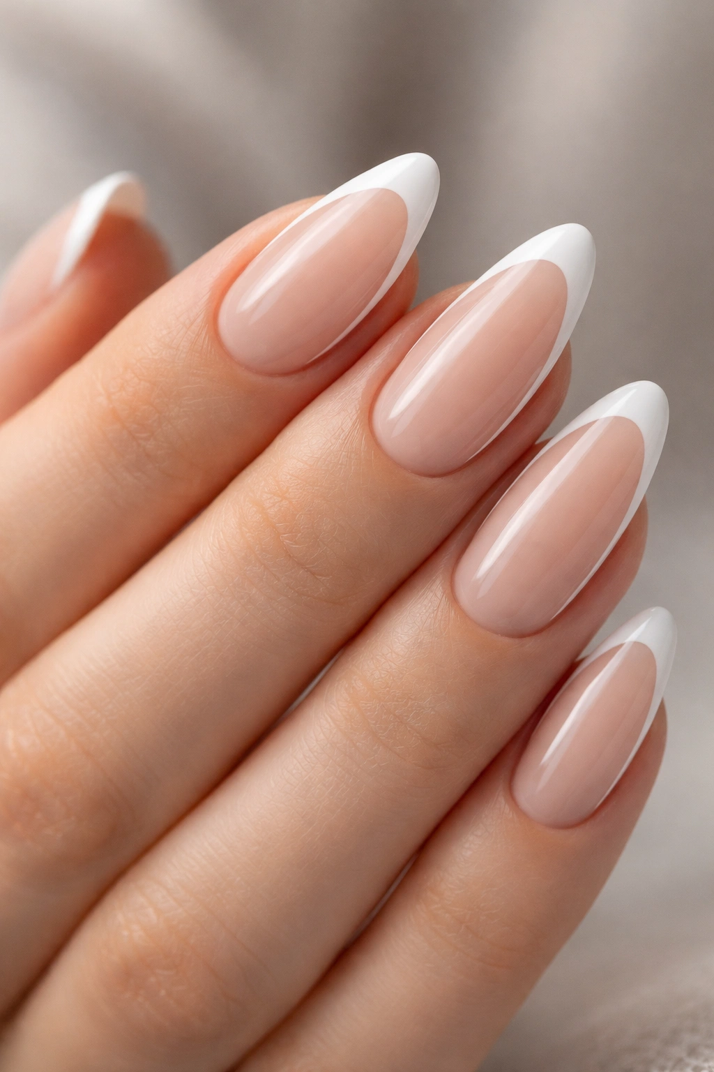 Almond nails showing nude center with a white framed edge along the tip