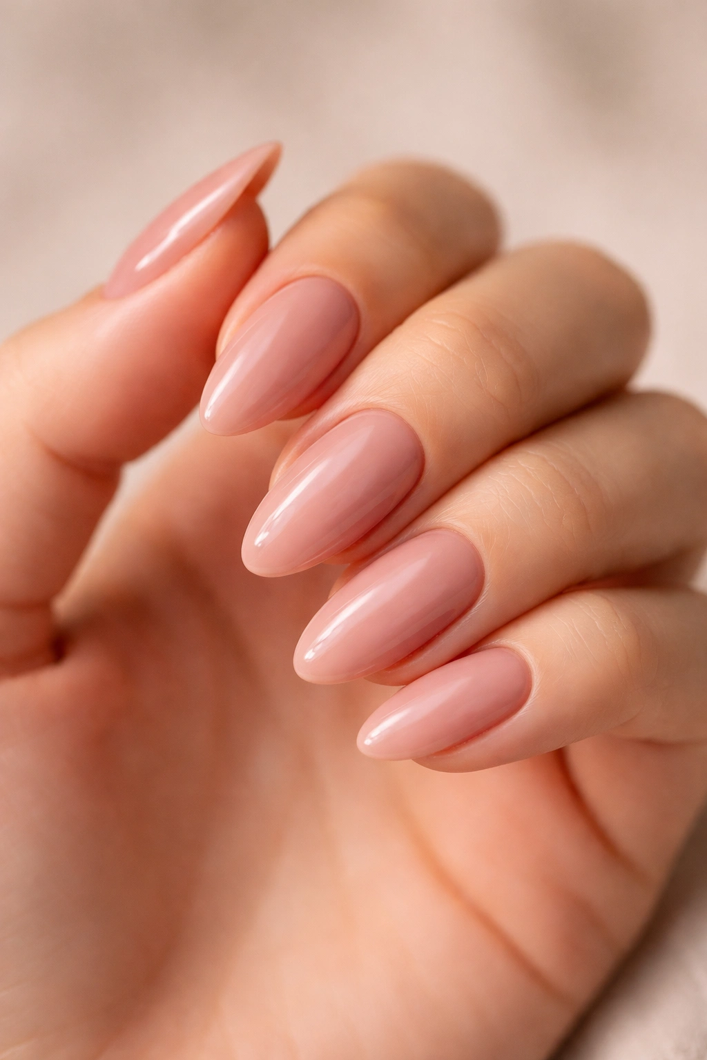 Close-up of almond nails in rosy beige with a glossy finish