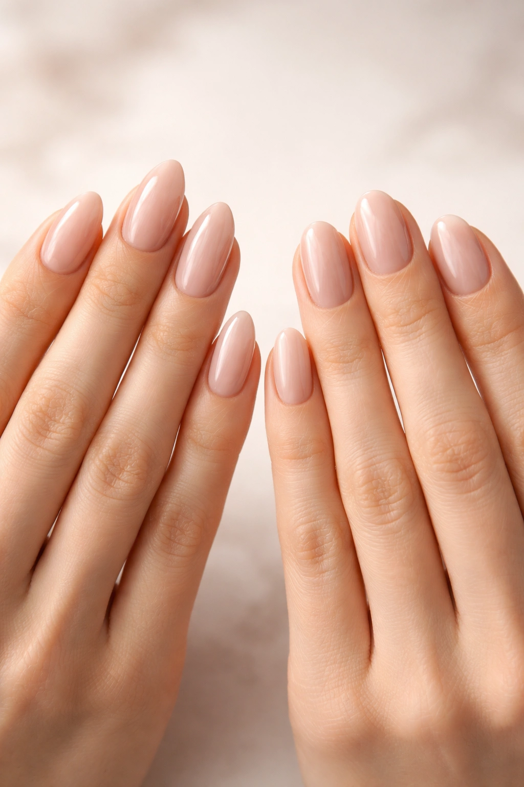 Pair of hands showing almond nails and round nails side by side