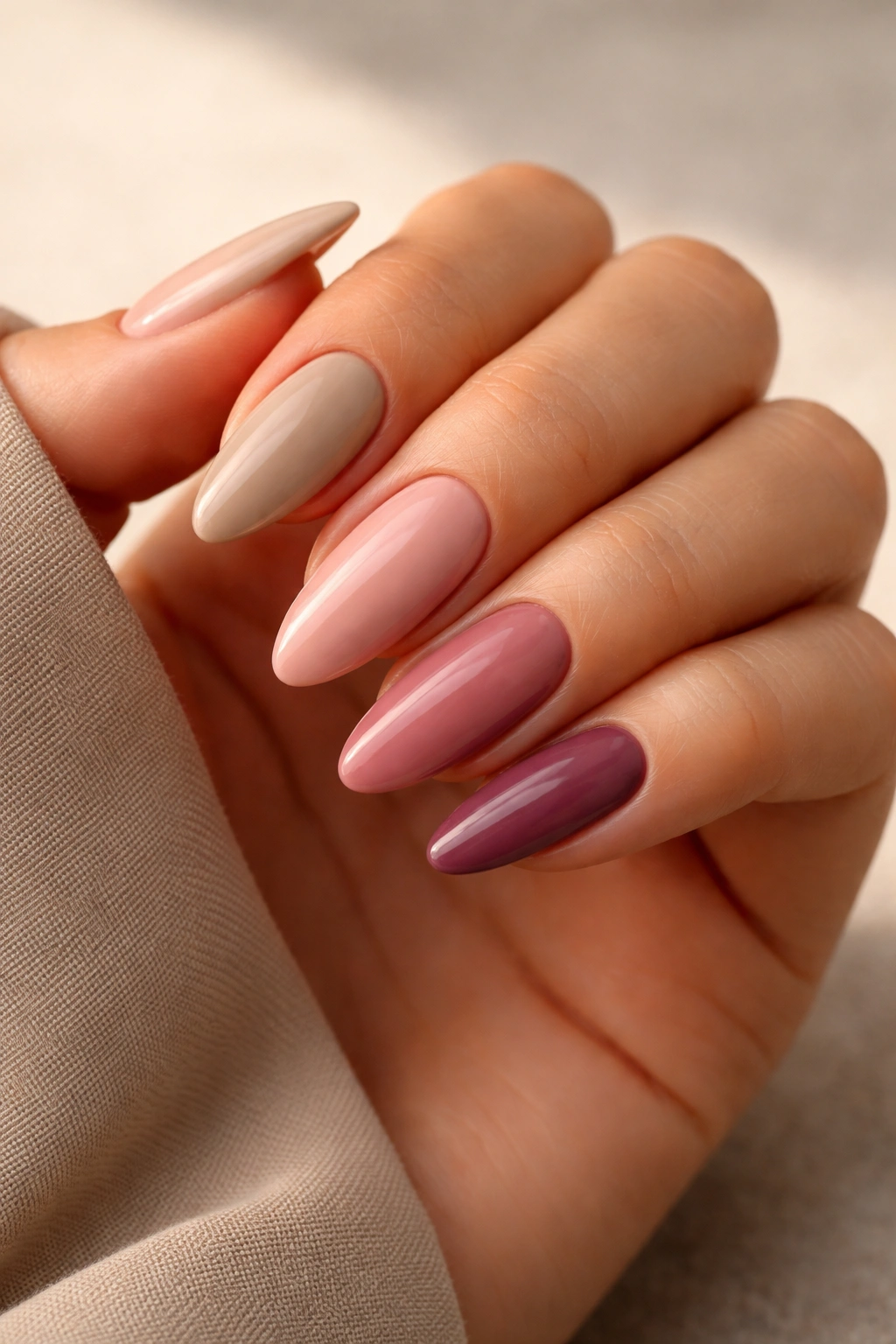 Close-up of a hand with almond nails in beige, taupe, rose, and berry shades