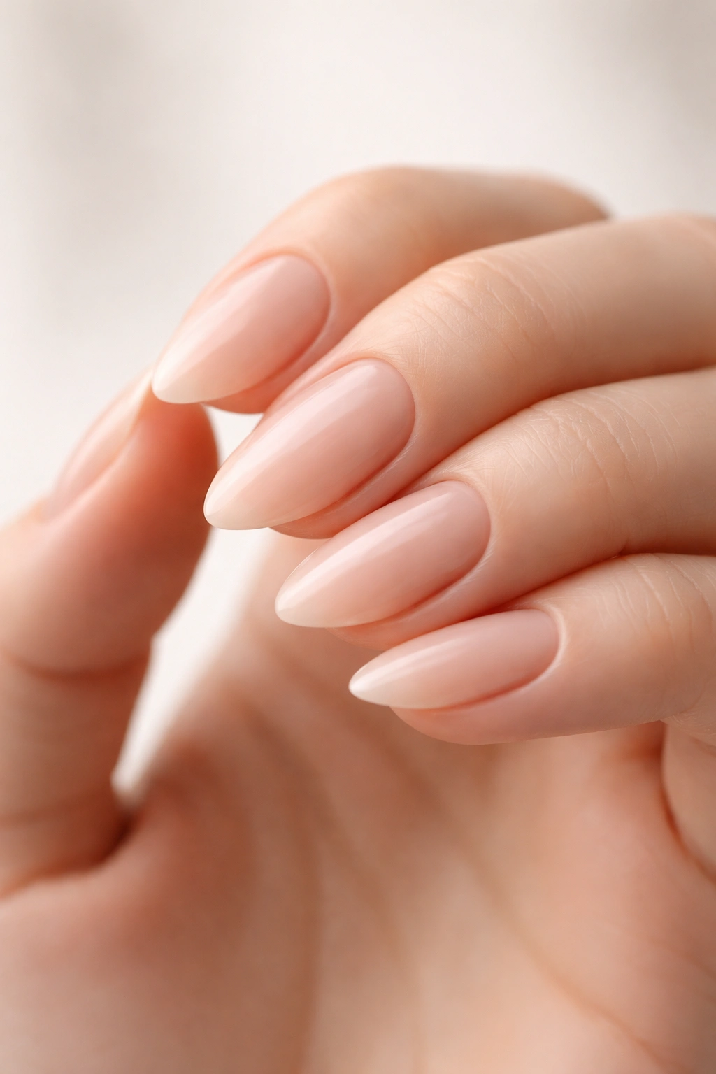 Close-up of almond-shaped nails on a hand with tapered tips
