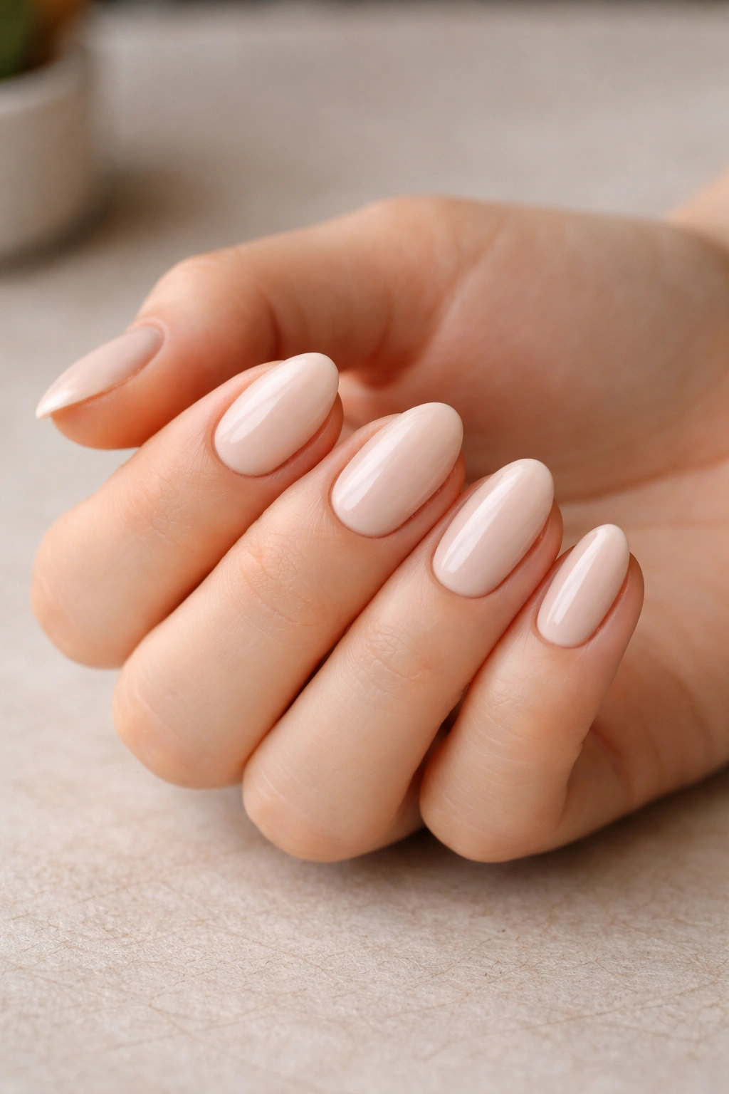 Close-up of short almond nails with soft shape and glossy finish