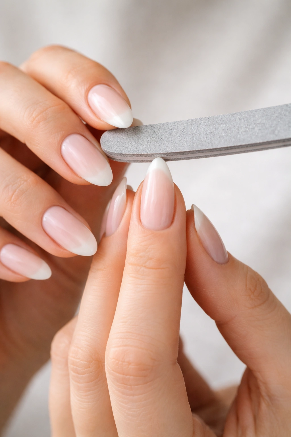 Hands shaping almond nails with a file