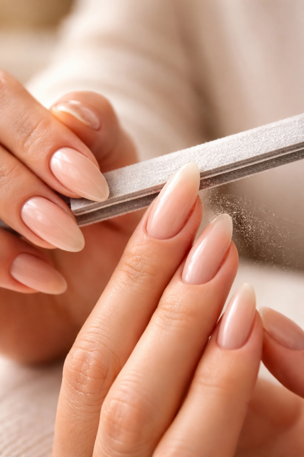 Hands shaping almond nails with a file to create a tapered almond silhouette