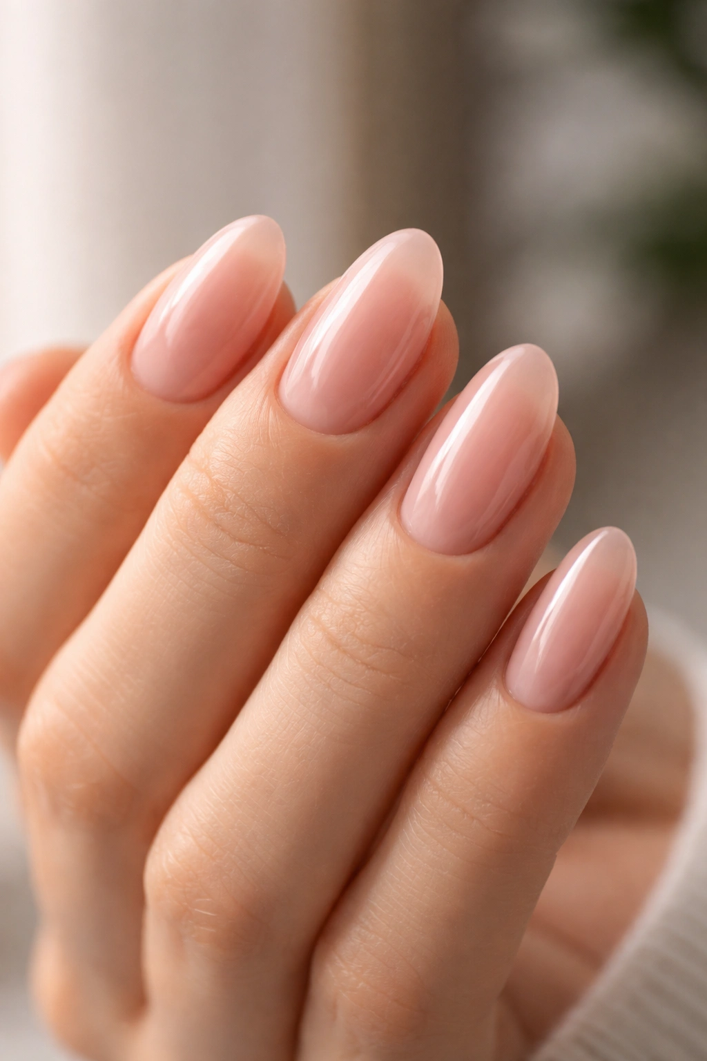 Close-up of short almond nails painted in jelly pink with clean sidewalls