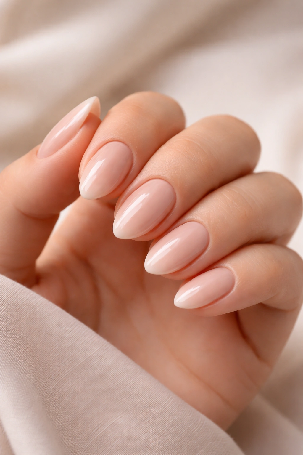 Close-up of a hand with short almond-shaped nails against a neutral backdrop