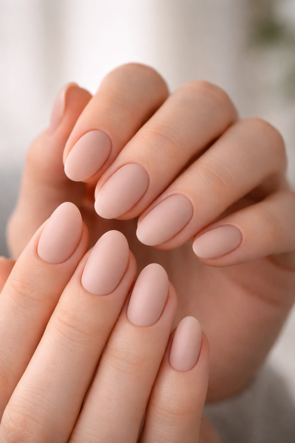 Close-up of hands showing extra short almond press-on nails in nude shade