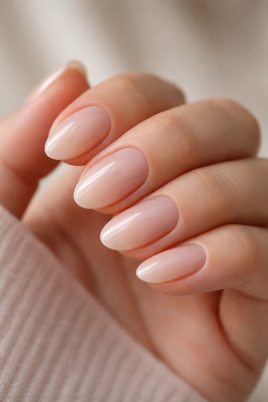 Close-up of short almond nails with sheer beige-pink nude polish and glossy finish