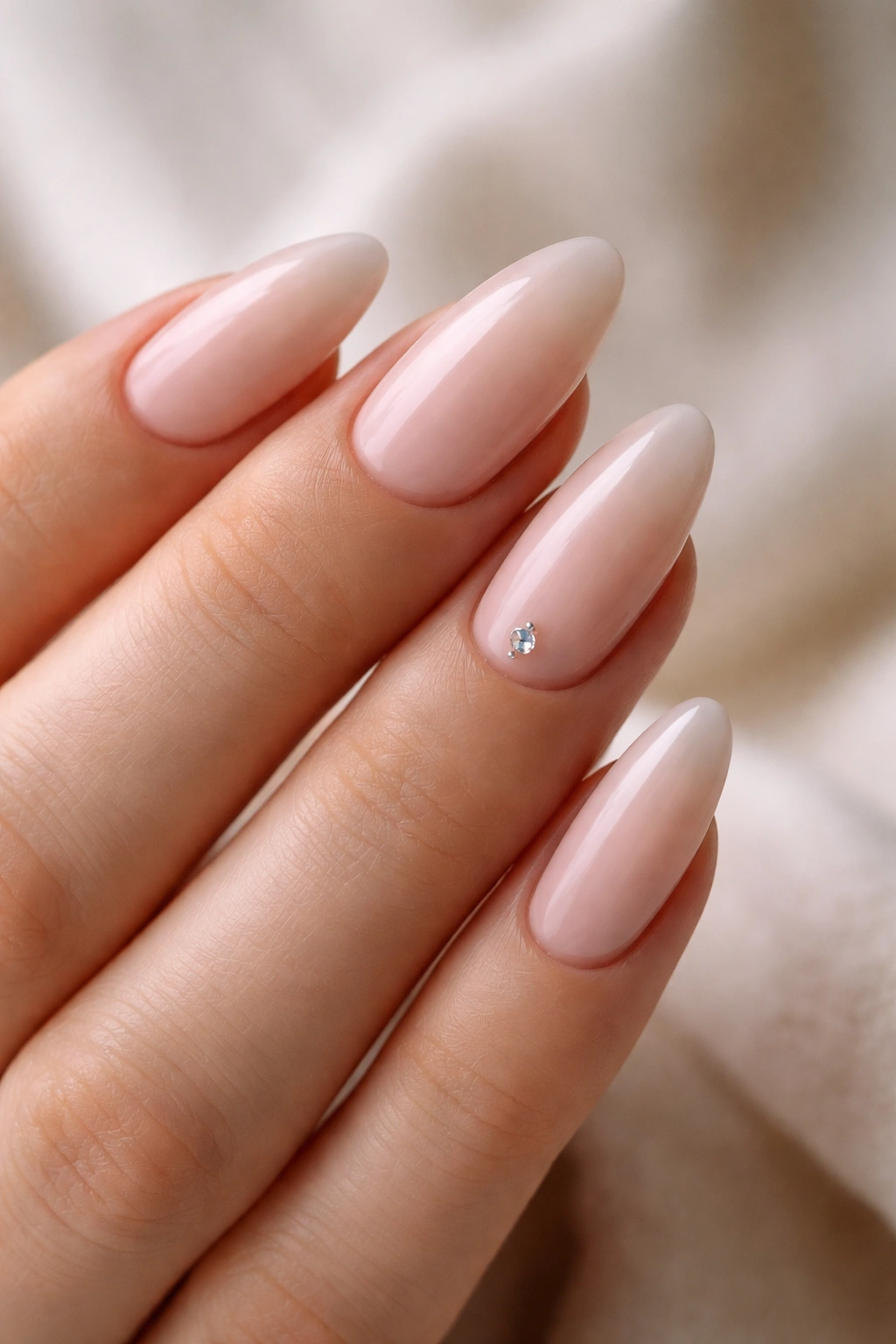Almond nails with a single accent crystal near the cuticle