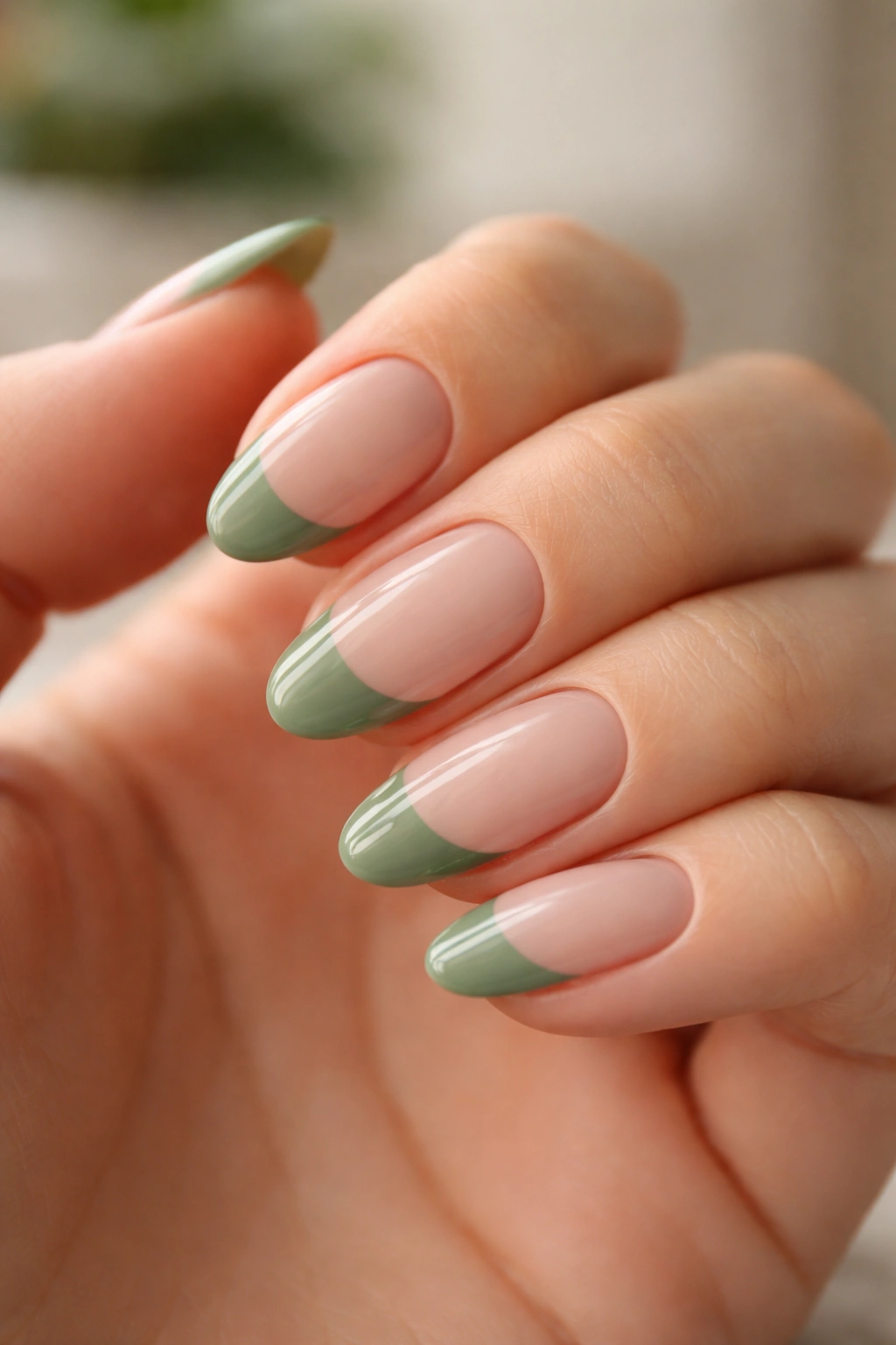 Close-up of almond nails with a clean curved smile line on sage green tips
