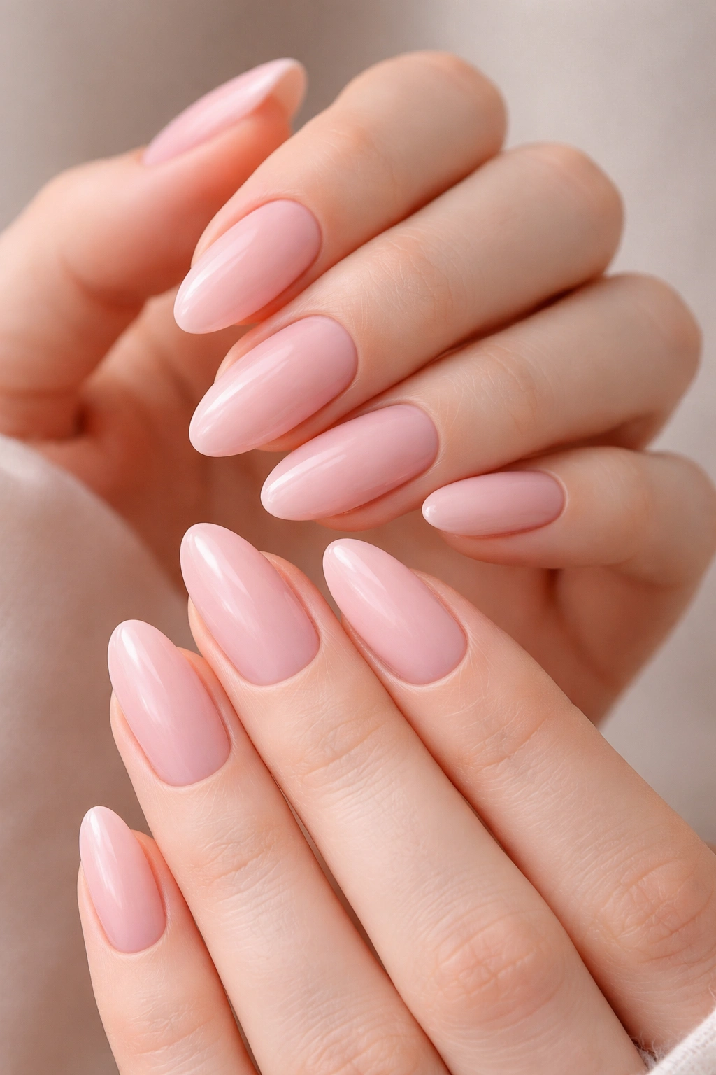Close-up of almond nails in soft pink, fresh and feminine, neat and polished.