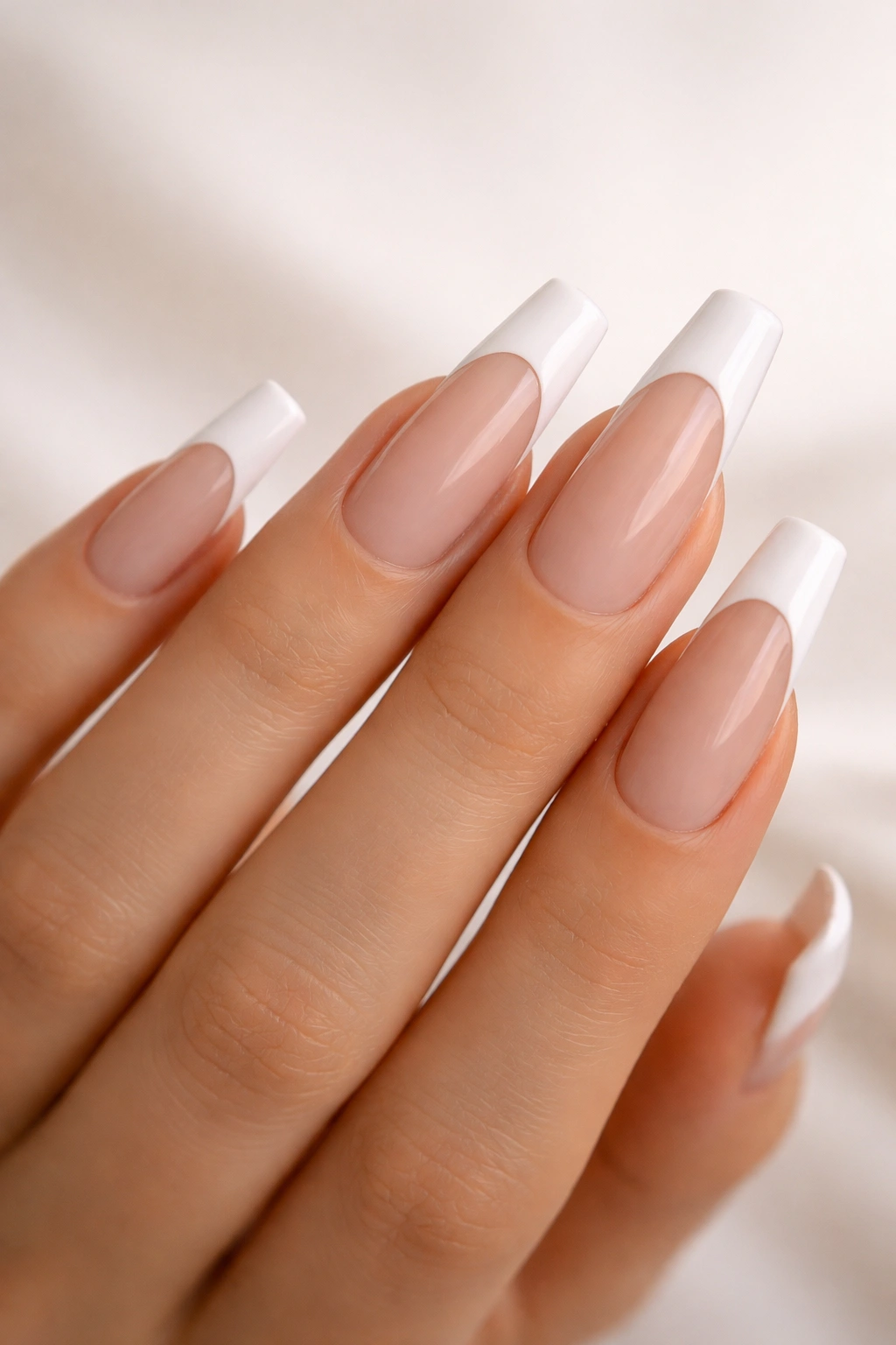 Close-up of long almond nails with square-edged white tips and soft bases.