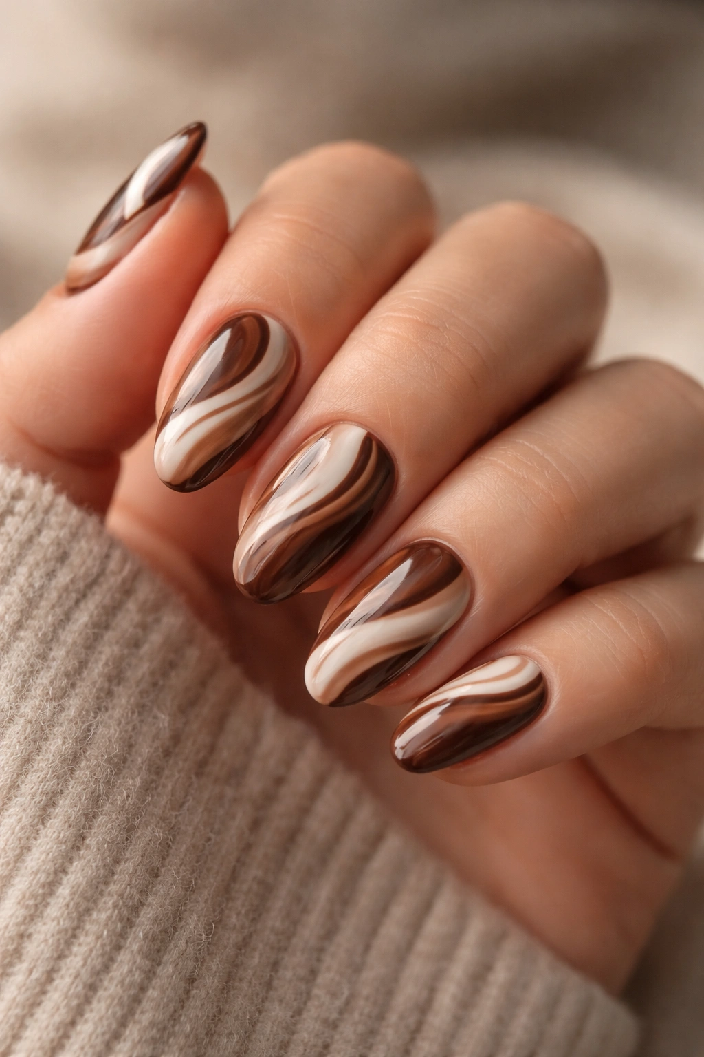 Close-up of short almond nails with chocolate brown and cream swirl nail art