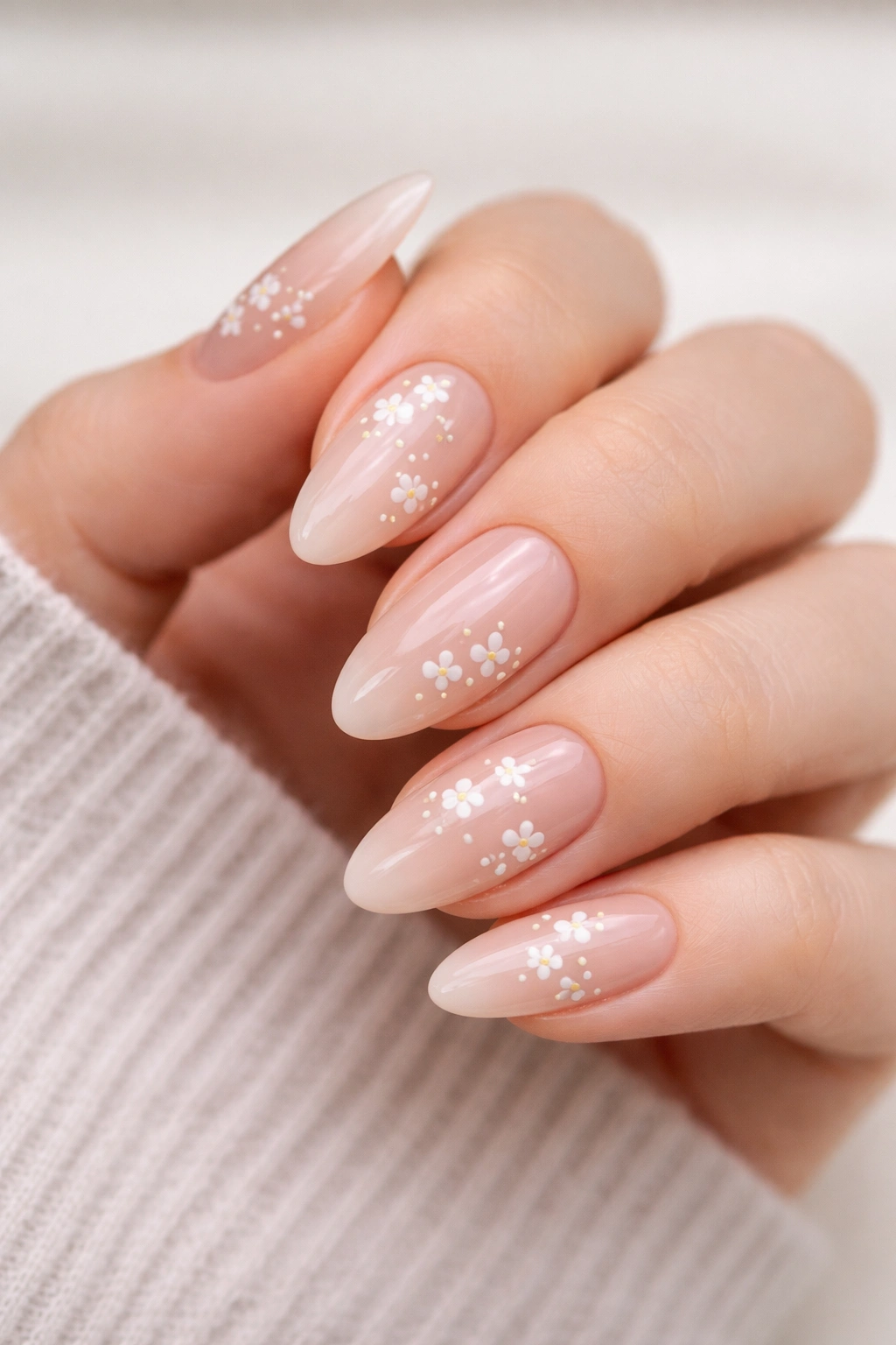 Close-up of almond nails with tiny white flower accents on nude base