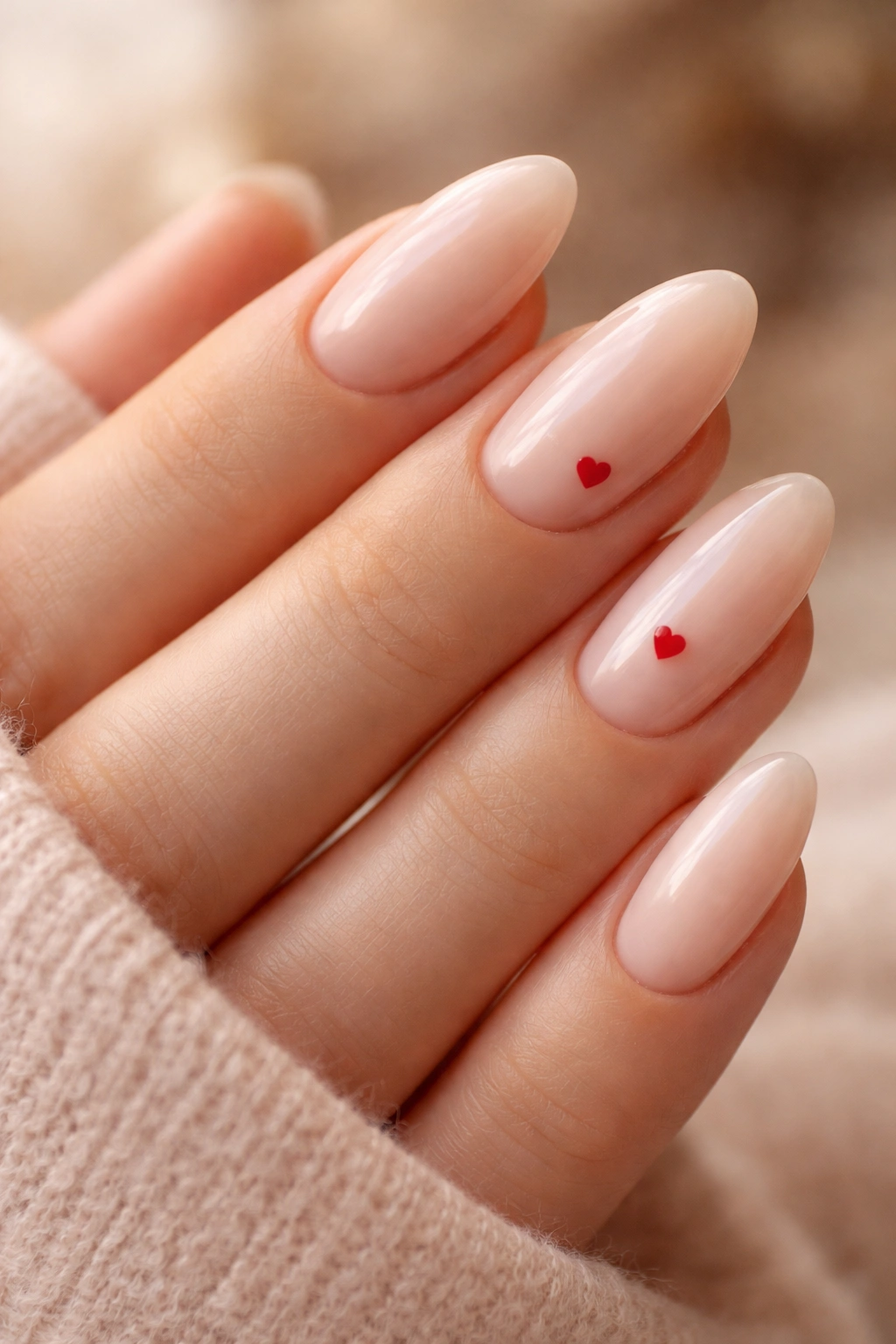 Almond nails with tiny heart accents on nude base