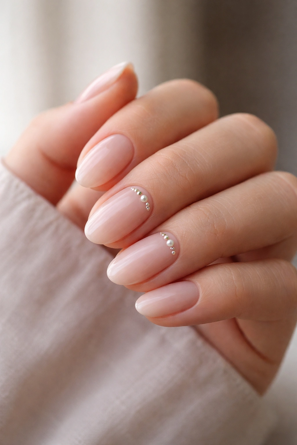 Close-up of short almond nails with tiny pearl accents near the cuticle