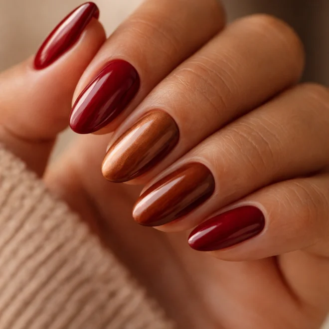 20 Red and Brown Short Almond Nail Combos