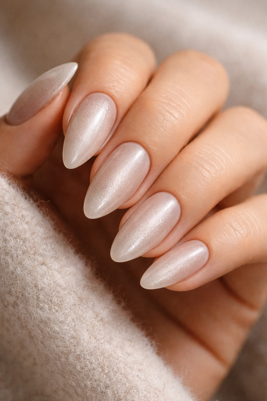 Close-up of almond nails with velvet finish showing fabric-like texture