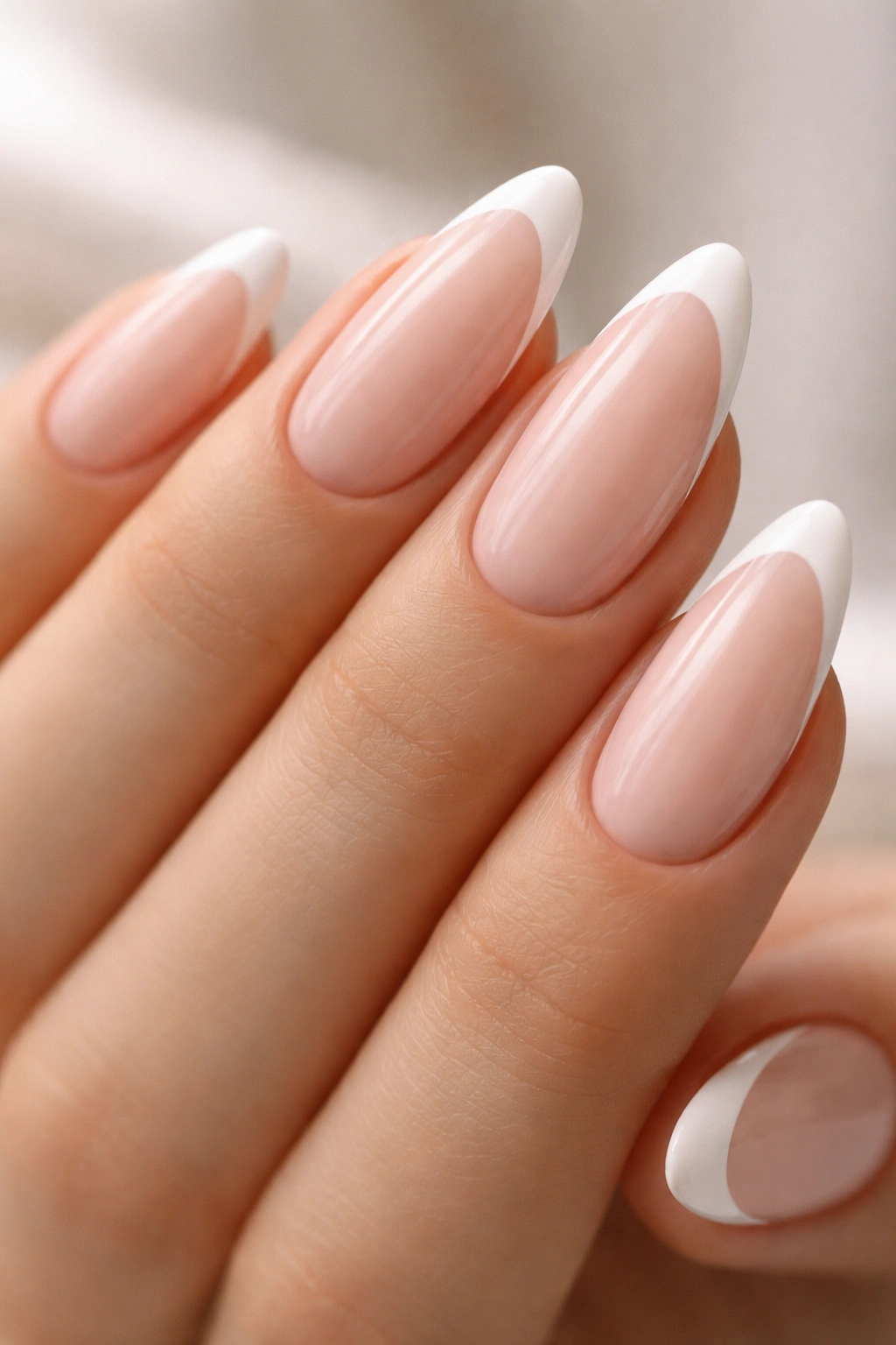 Close-up of soft almond nails with a slender white French tip on sheer pink base