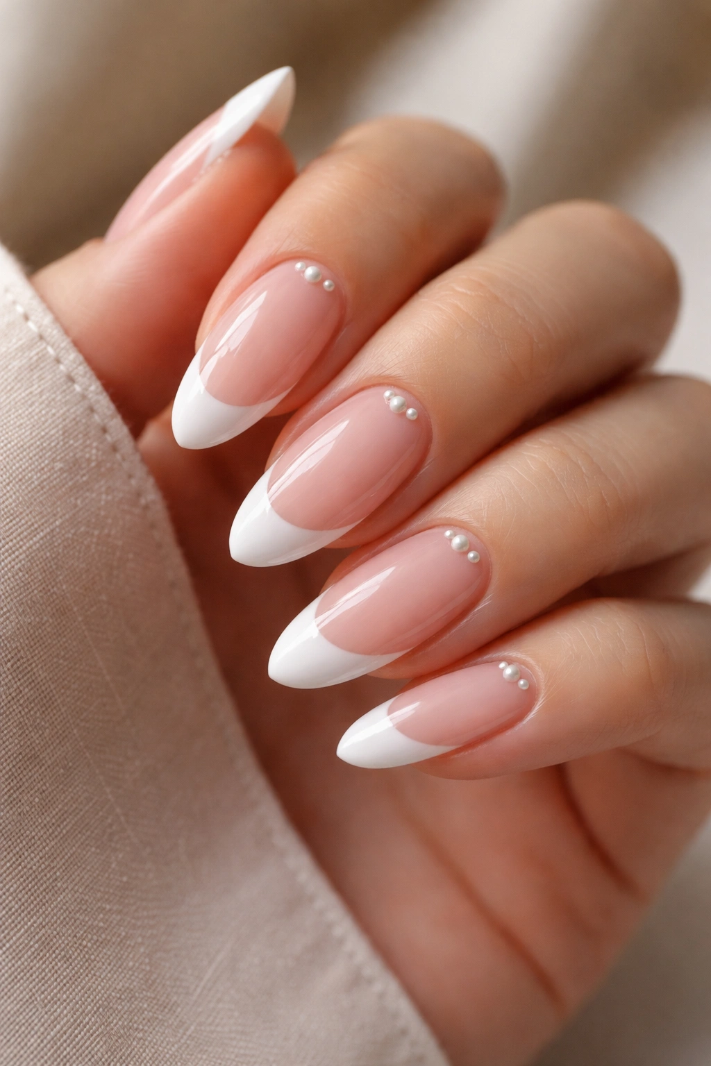 Almond nails with tiny pearl accents on the white French tips