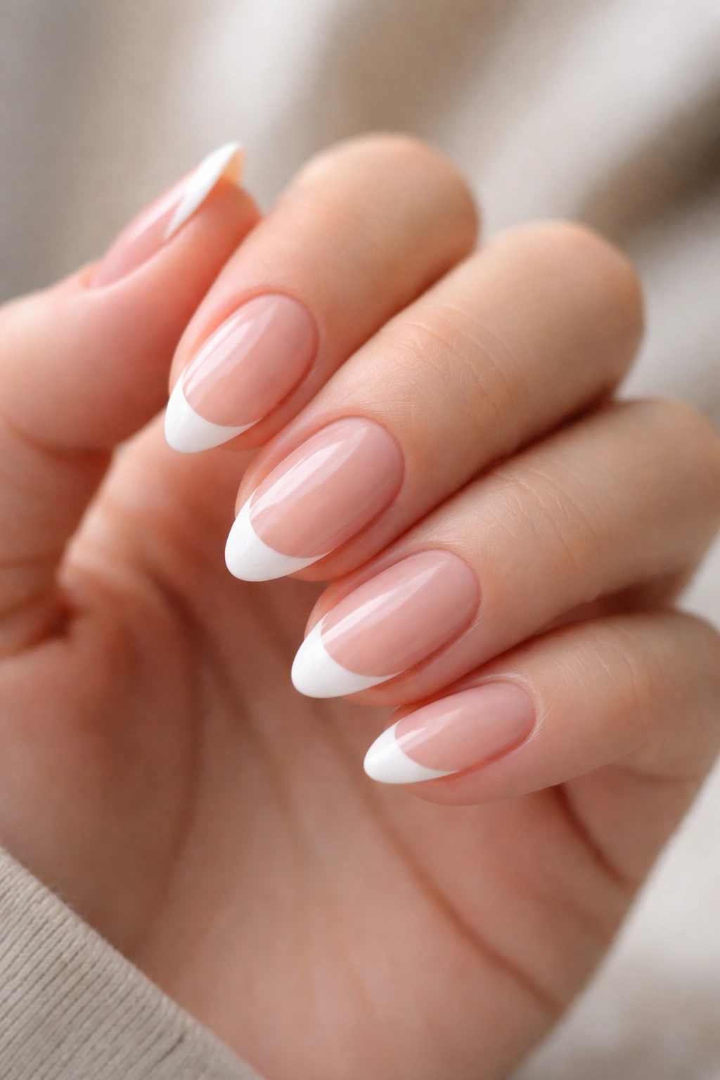 Close-up of almond nails with thin white tip and nude blur near cuticle