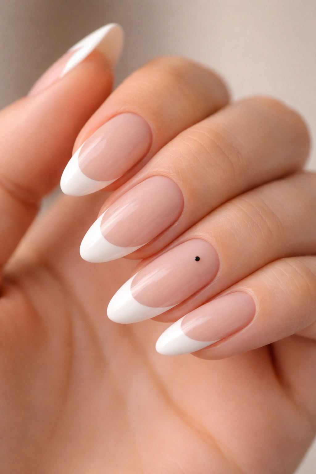 Almond nails with white tips and a tiny dot accent on one nail