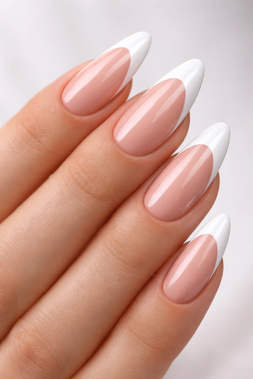 Almond nails with traditional white French tips close-up