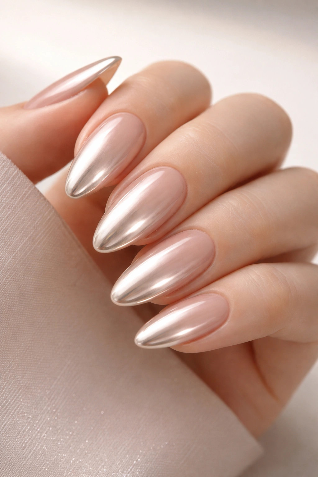 Almond nails with nude chrome ombre gradient