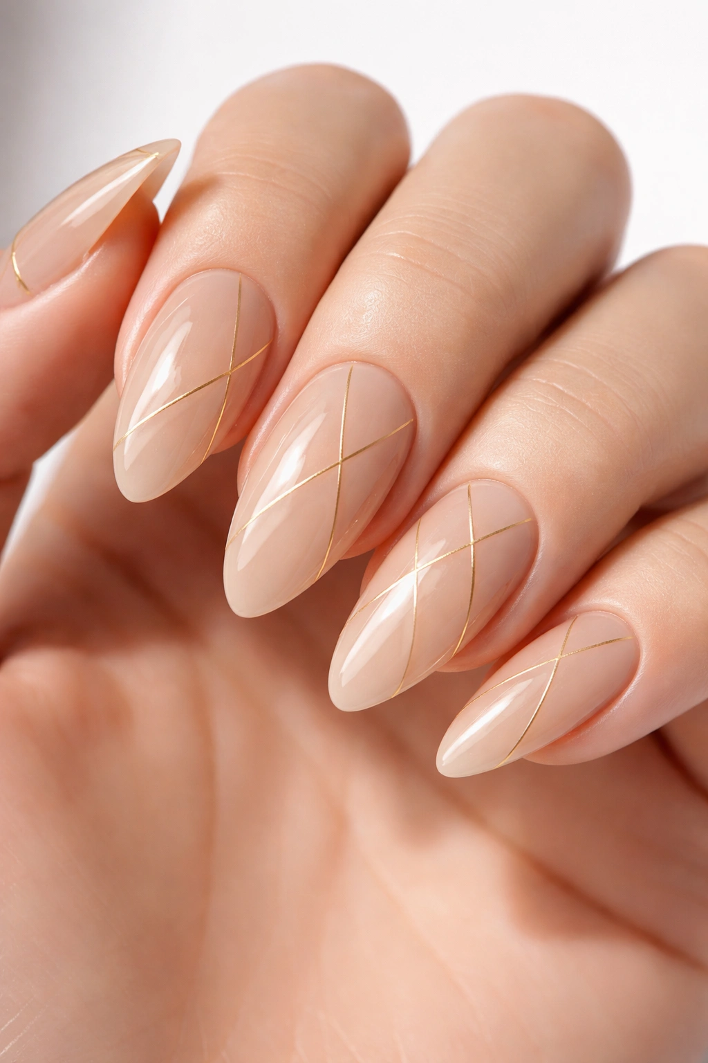 Close-up of almond-shaped nude nails with thin gold geometric lines.